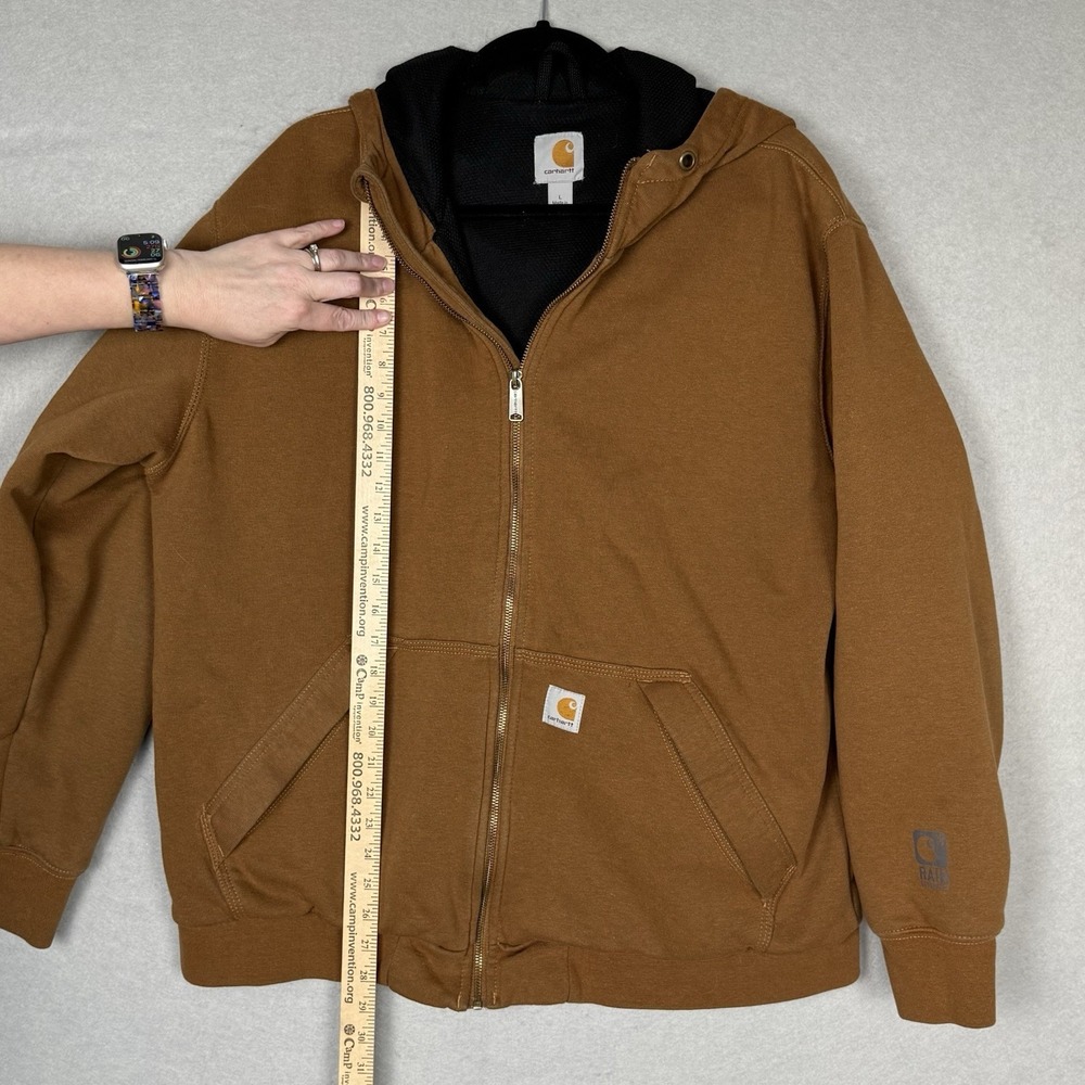Carhartt Men's L Regular Rain Defender Hooded Zip Up Sweatshirt Tan Workwear - Picture 2 of 9